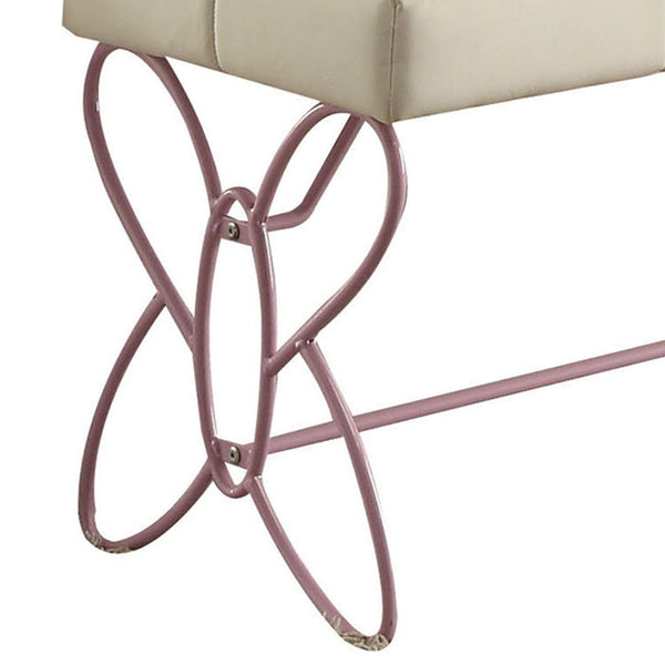 English Elm White Butterfly Tufted Bench in White Faux Leather with Light Pink Finish, Armless, Comfortable Seat B062P208996