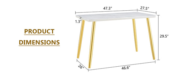 English Elm Modern Marble Look Glass Top Dining Table with Gold Tapered Legs Seats Six W1151S04622