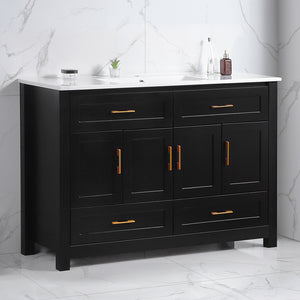 English Elm 48" Matte Black Bathroom Vanity with Ceramic Basin 8 Soft Close Storage Doors Drawers W3133S00004