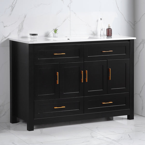 English Elm 48" Matte Black Bathroom Vanity with Ceramic Basin 8 Soft Close Storage Doors Drawers W3133S00004