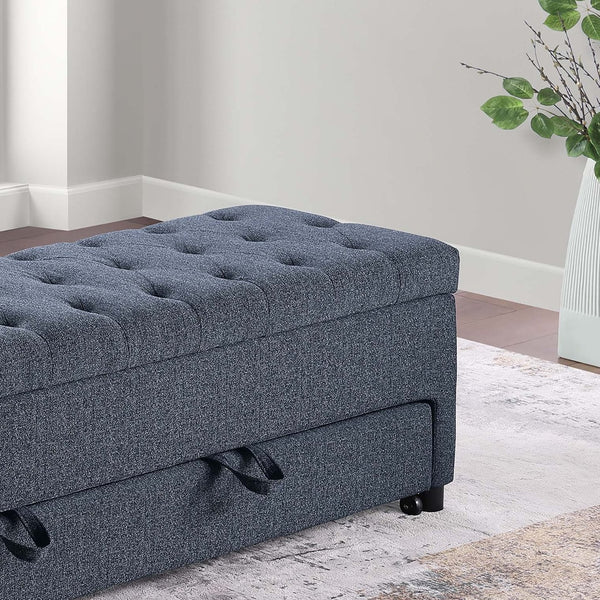 English Elm Contemporary Tufted Bouclé Storage Ottoman with Hidden Compartment and Smooth Pull-Out Drawer Bench Blue Gray 61 L x 20 W x 17 H B011P370882