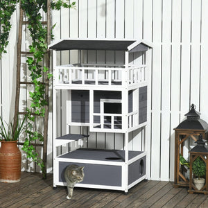 English Elm Pawhut Wooden Multi-Level Cat House - Cozy Outdoor Feral Shelter With Escape Doors & Roof, Grey W2225P217564-GIGA