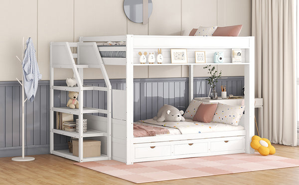English Elm Wood Full Size Convertible Bunk Bed with Staircase Storage, Bedside Table and 3 Large Drawers, Durable Pine Finish White GX000335AAK-1
