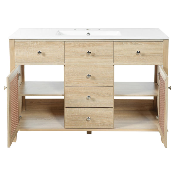 English Elm 48-inch Rattan Bathroom Vanity Solid Wood Frame Five Drawers Ceramic Sink Coastal Boho N765P38884950E