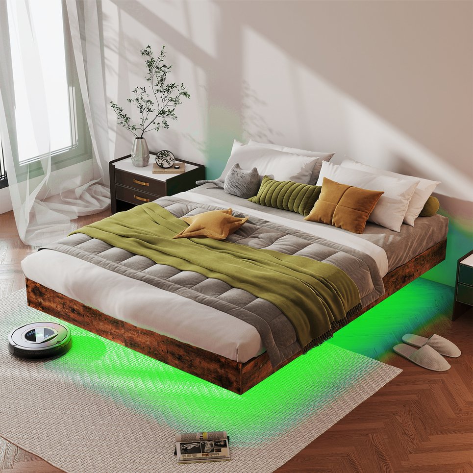 English Elm King Platform Bed with Rgb Led Ambient Glow Heavy Duty Metal Frame Floating Design T3963P446982