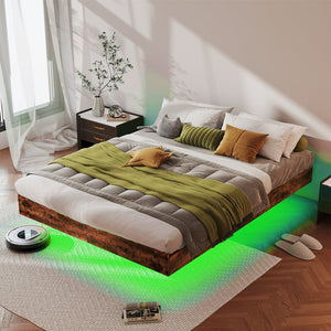 English Elm King Platform Bed with Rgb Led Ambient Glow Heavy Duty Metal Frame Floating Design T3963P446982