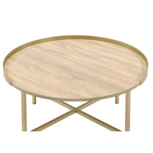 English Elm Tray Round Coffee Table with Oak Tray Top & Gold Crossbar Base — Modern Minimalist Accent for Living Rooms B016P329755