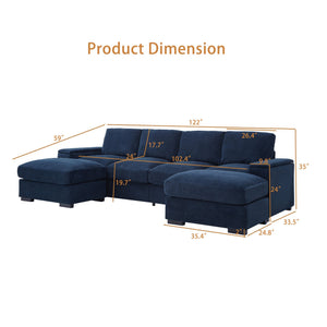 English Elm 122"l Corduroy Sectional with Dual Ottomans Modular U-shape Sofa for Modern Living Dark Blue W1669S00046