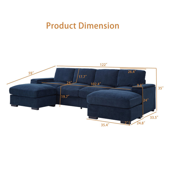 English Elm 122"l Corduroy Sectional with Dual Ottomans Modular U-shape Sofa for Modern Living Dark Blue W1669S00046