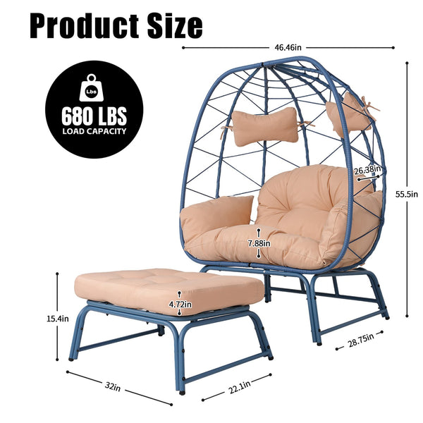 English Elm Double Wicker Egg Chair with Ottoman Bohemian Two Person Outdoor Lounge Seat T5880P501479