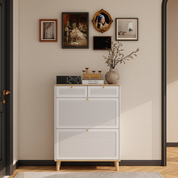 English Elm Shoes Storage Cabinet Slim Flip Door Entryway Organizer with Natural Wood Legs 16 Pairs W3166P266365
