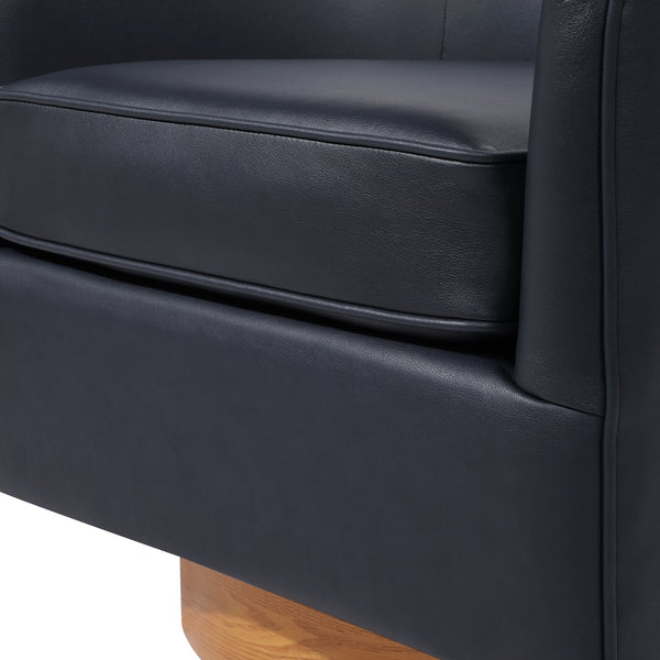 English Elm Maisy Barrel Swivel Chair in Midnight Blue Faux Leather with Wooden Base, Pocket Coil Comfort B050P322574
