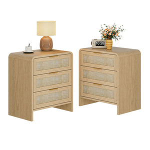 English Elm Rattan Drawer Nightstand Set with Built-in Charging Station and Open Shelf Bedroom Storage Oak W1820P416766