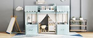 English Elm Twin Loft Bed Cottage-Style Playhouse with Built-In Bookshelf, Curtain & Storage, Safe Guardrails Light Blue W1580S00357