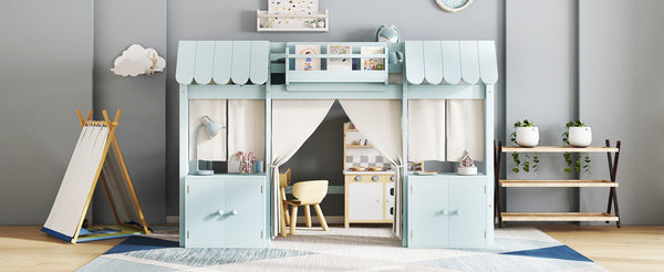 English Elm Twin Loft Bed Cottage-Style Playhouse with Built-In Bookshelf, Curtain & Storage, Safe Guardrails Light Blue W1580S00357