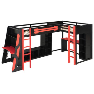 English Elm L-shaped Gaming Loft Bunk Bed Twin Wood Frame Rgb Lighting Usb Ports Storage Shelves Red LT000295AAR