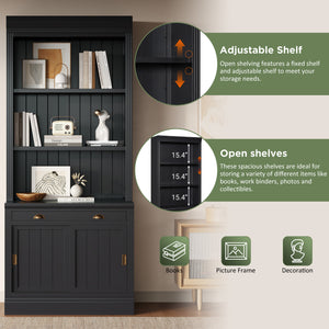 English Elm 83.4"Tall Modern Bookshelf With Sliding Doors, Adjustable Open Shelves For Home Office & Living Room N751S323420B