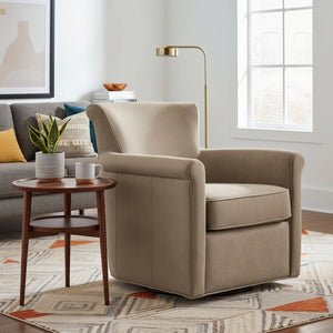 English Elm Westly Faux Leather Swivel Accent Chair with Rolled Arms, 360° Metal Swivel, Coil Spring Comfort taupe B050P390596