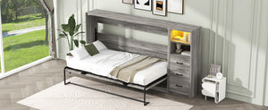 English Elm Twin Murphy Bed with Drawers & LED Light — Space-Saving Gray Cabinet Bed, Solid MDF/Pine, 800lb Capacity N709P002049D