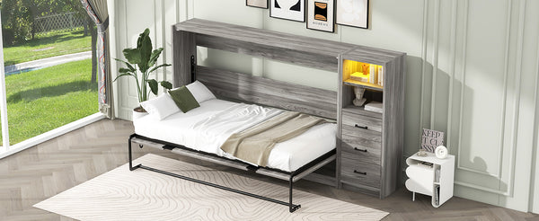 English Elm Twin Murphy Bed with Drawers & LED Light — Space-Saving Gray Cabinet Bed, Solid MDF/Pine, 800lb Capacity N709P002049D