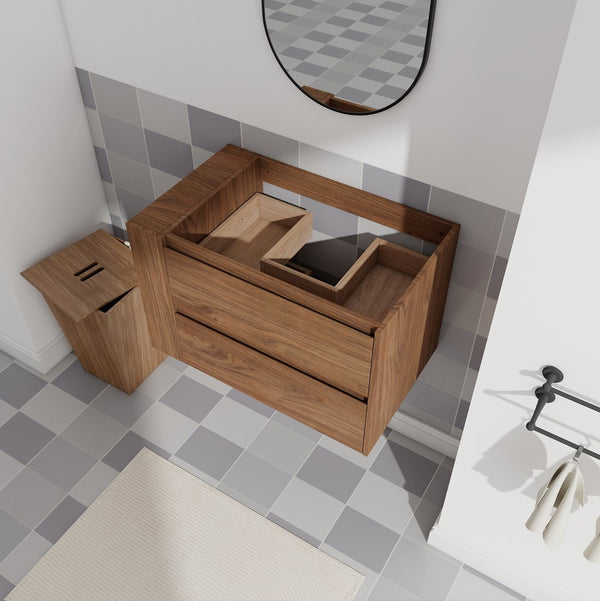 English Elm 30" Wall Mounting Bathroom Vanity Cabinet with Adjustable Side Shelf, Soft-Close 2/3 Drawers, Water-Resistant Plywood Brown Oak W999P193006