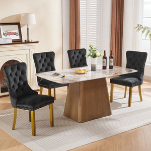 English Elm Mid-Century Velvet Dining Chair with Lion Head Pull Ring, Tufted Solid Wood Seat, Gold Legs Black W1143P193168