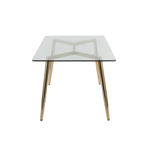 English Elm Dining Table with Gold Metal Legs and Tempered Glass Top for Glam Modern Spaces B202S02138