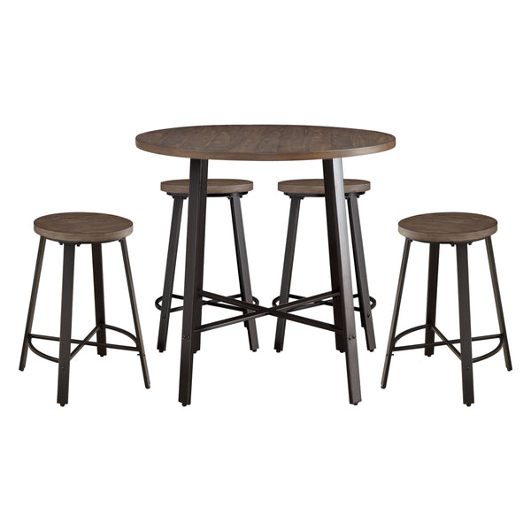 English Elm Rustic Chevre 5pc Counter Height Round Table & 4 Stools — Industrial Pine Burnished Finish Set B011S01472