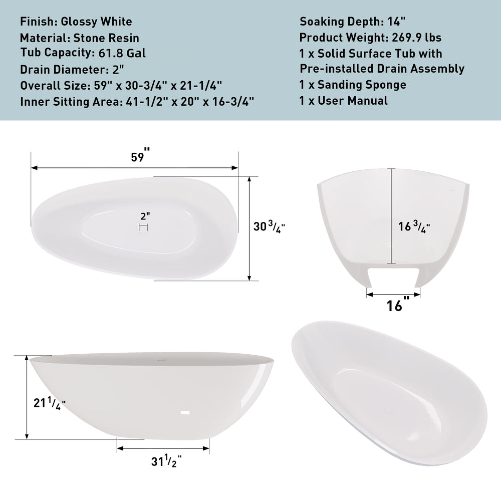 English Elm 59" Handcrafted Stone Resin Soaking Tub Glossy Freestanding Spa Design with Copper Drain W1573P176229