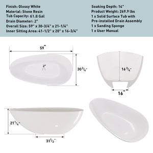 English Elm 59" Handcrafted Stone Resin Soaking Tub Glossy Freestanding Spa Design with Copper Drain W1573P176229