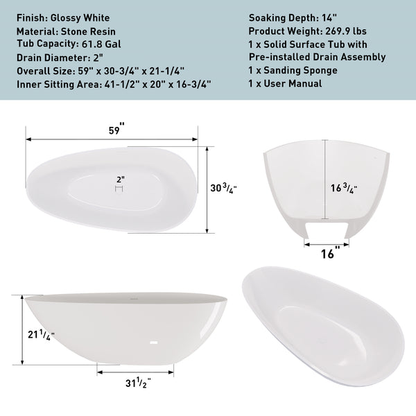 English Elm 59" Handcrafted Stone Resin Soaking Tub Glossy Freestanding Spa Design with Copper Drain W1573P176229