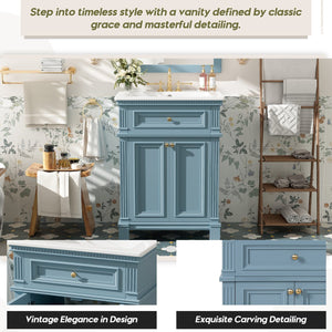 English Elm 24'' Carved Farmhouse Bathroom Vanity with Ceramic Sink Soft Close Storage Cabinet Indigo Blue N710P446530M