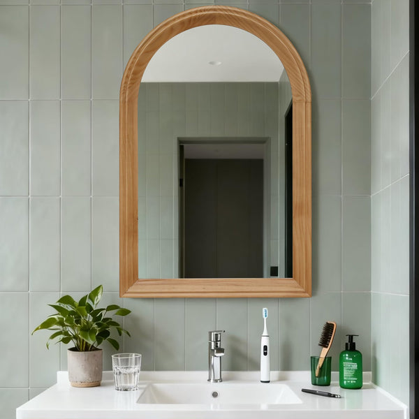 English Elm Arched Oak Wood Wall Mirror Farmhouse Vanity Accent with Distortion Free Glass W2295P414110
