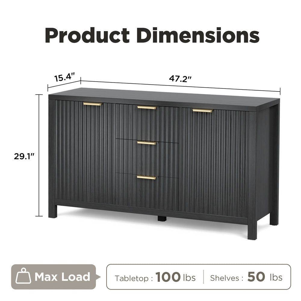 English Elm Sideboard Fluted Credenza with Three Drawers Two Doors Matte Black Modern Storage T3773P417341