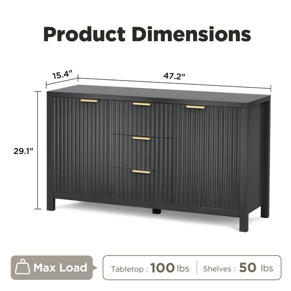 English Elm Sideboard Fluted Credenza with Three Drawers Two Doors Matte Black Modern Storage T3773P417341