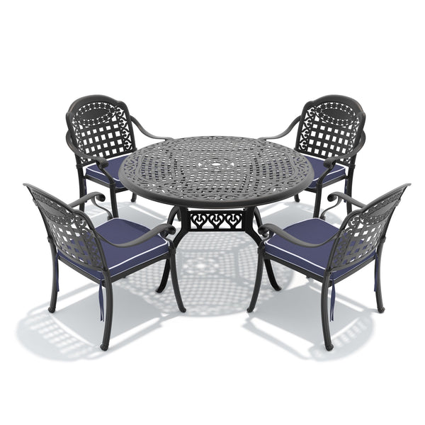 English Elm 5-piece Cast Aluminum Outdoor Dining Set with Carved Frame and Weather Resistant Cushions W1710S00632