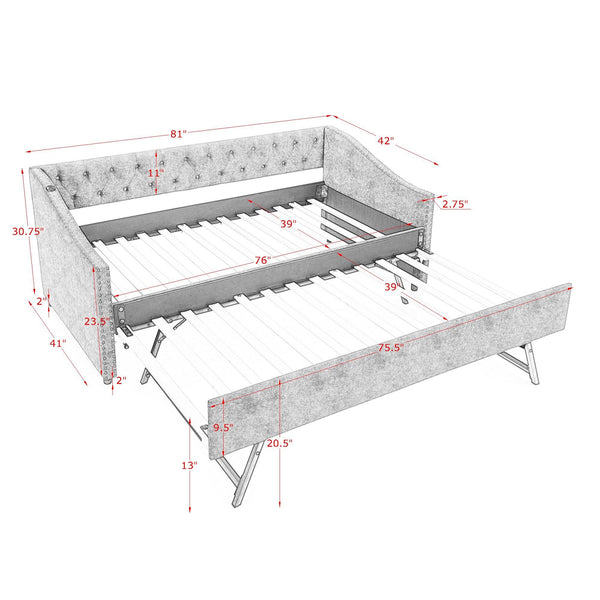 English Elm Twin Daybed with Pull Out Trundle Usb Charging Tufted Upholstered Sofa Guest Bed Grey W1413S00157