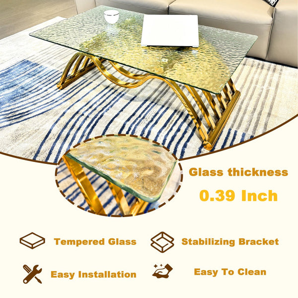 English Elm 47" Rectangle Modern Coffee Table With Ripple Glass Top, Gold Stainless Steel Frame, Easy Assembly W2978S00015