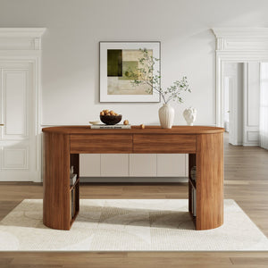 English Elm Storage Writing Desk with Curved Base Open Shelves and Drawers for Home Office Dark Walnut N757P306285D