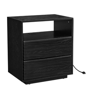 English Elm Mid Century Modern nightstand with USB charging, louver drawers, open shelf and hidden cord storage Black W1801P303391