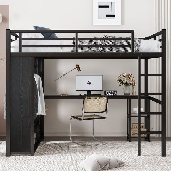 English Elm Full Size Loft Bed Frame With Wardrobe, Desk & Storage Shelves - Modern Black Metal Design W1580S00120