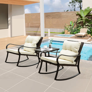 English Elm Metal Outdoor 2-Person Rocking Patio Set with Handwoven Wicker, Plush Cushions & Sturdy Table White W1859P399563