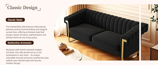 English Elm FX-P81-BK2 Modern Chesterfield Sofa Velvet Upholstery with Gold Metal Legs and Channel Tufting Elegance Black W576S00096