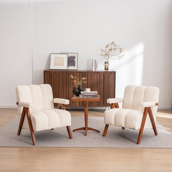 English Elm Mid-century Modern Chenille Lounge Chair Set Oak Frame Cloud Silhouette Living Room Beige W1170S00052