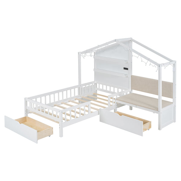 English Elm Twin House Bed Frame with Sofa Seating Led Lighting Drawers and Wireless Charging LP000521AAK-1