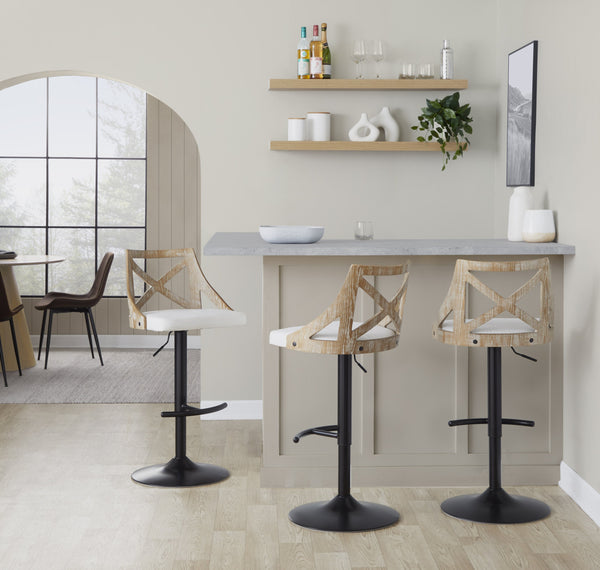 English Elm Adjustable Farmhouse Barstools with Cream Cushion Swivel Seat and Wood Accents Set of 2 B202S02168