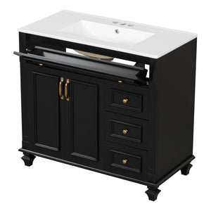 English Elm 36" Modern Bathroom Vanity with Ceramic Sink, Gold Handles, Flip-Out Drawer & Soft-Close Doors Black N725P283623B
