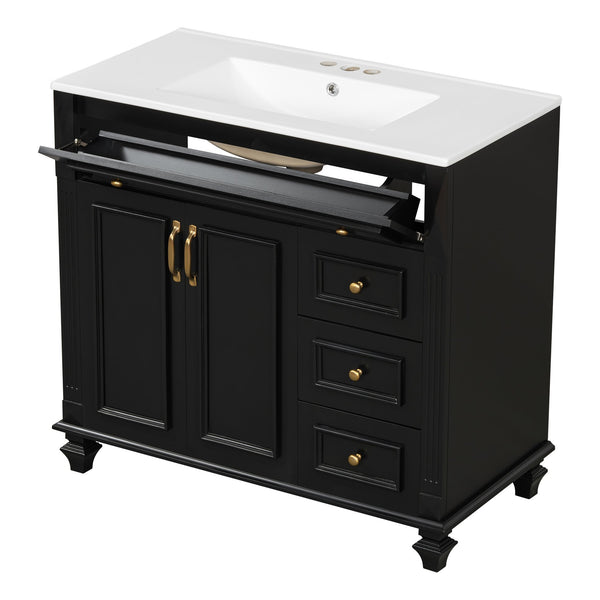 English Elm 36" Modern Bathroom Vanity with Ceramic Sink, Gold Handles, Flip-Out Drawer & Soft-Close Doors Black N725P283623B