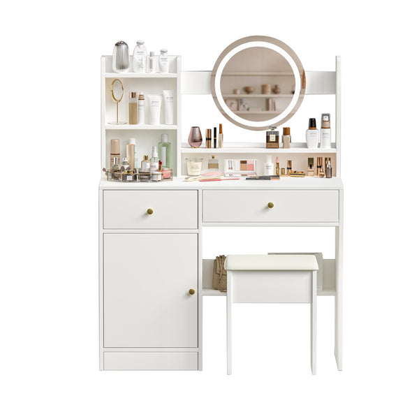 English Elm Fashion Vanity Desk With Adjustable Led Mirror & Cushioned Chair - Elegant, Organized, White Set W2699P214618