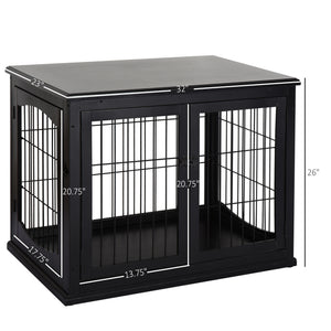 English Elm Small Dog Crate End Table with French Doors Arched Windows and Black Mdf Finish T3971P433245